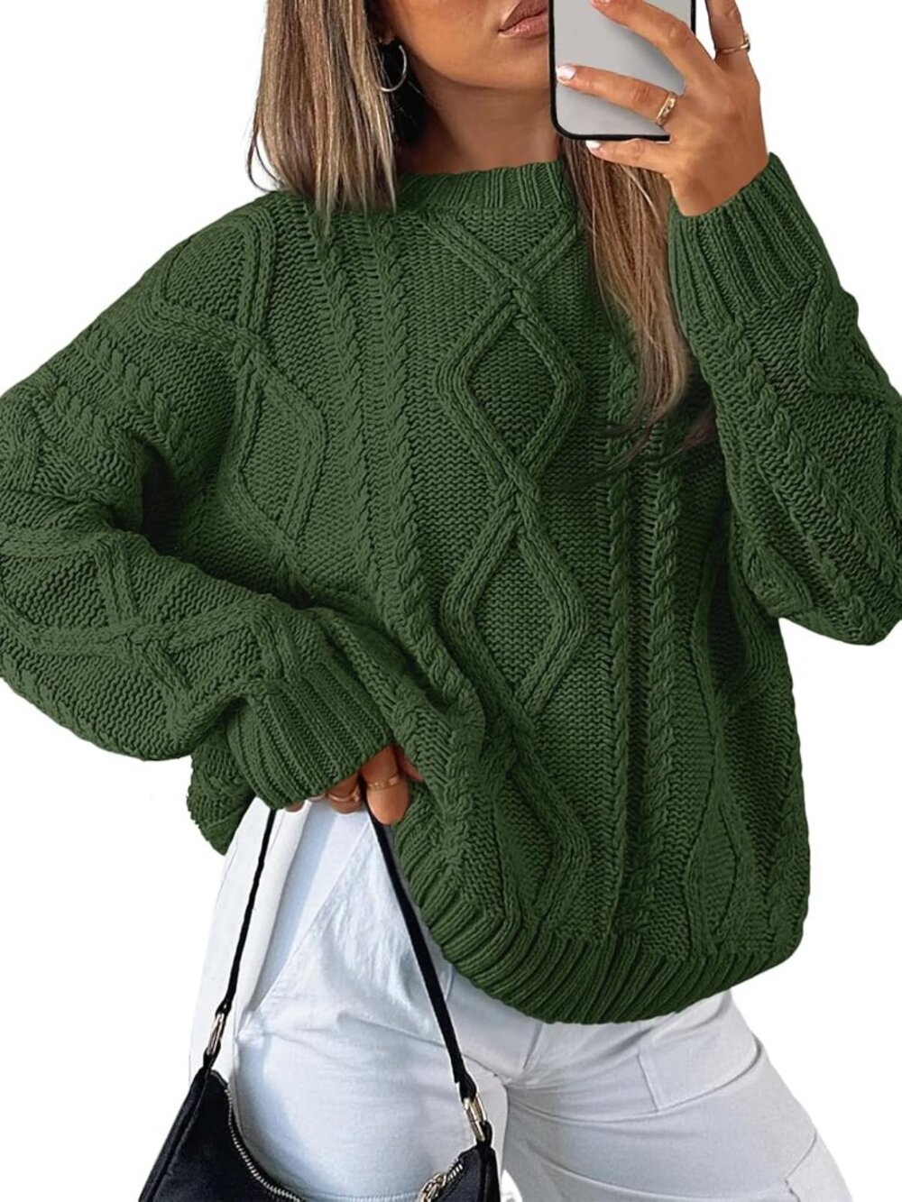 Trendy Queen Women's Army Green Oversized Long Sleeve Cable Knit Texture Sweater